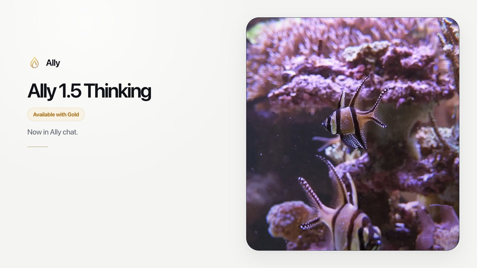 Ally 1.5 Thinking title card next to a reef aquarium still from the announcement film